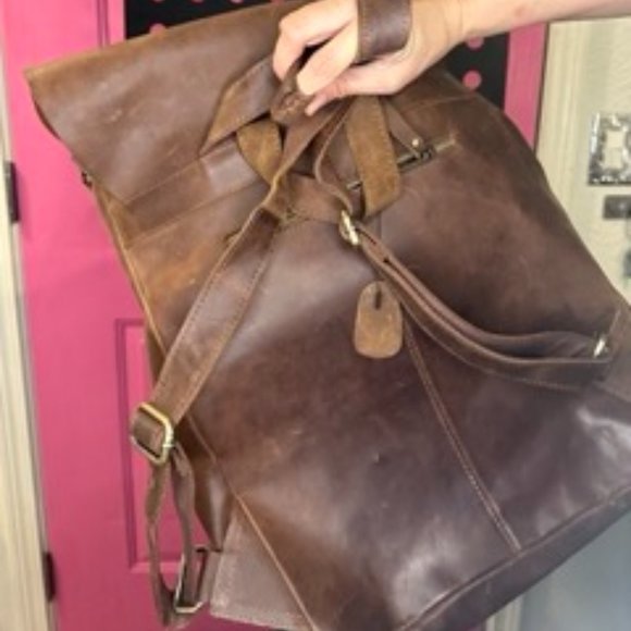 Backpack- Brown real leather. Damage on the strap. Perfect for a laptop. - Picture 2 of 5